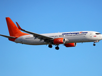 A Boeing 737-8SH from Smartwings lands at Barcelona airport in Barcelona, Spain, on September 14, 2024. (