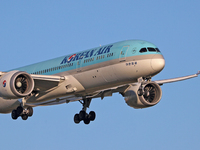 A Boeing 787-9 Dreamliner from Korean Air lands at Barcelona airport in Barcelona, Spain, on September 14, 2024. (