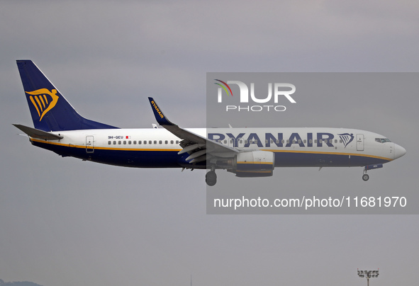 A Boeing 737-8AS from Ryanair lands at Barcelona airport in Barcelona, Spain, on October 15, 2024. 