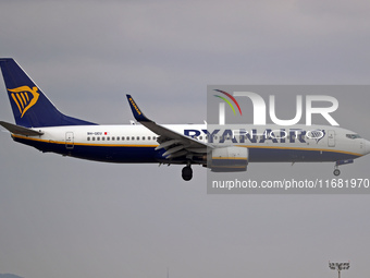 A Boeing 737-8AS from Ryanair lands at Barcelona airport in Barcelona, Spain, on October 15, 2024. (