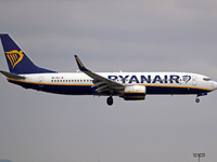 A Boeing 737-8AS from Ryanair lands at Barcelona airport in Barcelona, Spain, on October 15, 2024. (