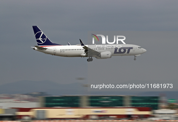 A Boeing 737 MAX 8 from LOT company lands at Barcelona airport in Barcelona, Spain, on October 15, 2024. 