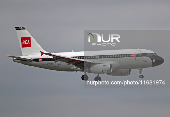 An Airbus A319-131 from British Airways, in BEA Retro Livery, lands at Barcelona airport in Barcelona, Spain, on October 15, 2024. 