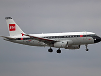 An Airbus A319-131 from British Airways, in BEA Retro Livery, lands at Barcelona airport in Barcelona, Spain, on October 15, 2024. (