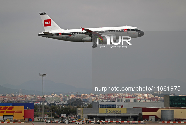 An Airbus A319-131 from British Airways, in BEA Retro Livery, lands at Barcelona airport in Barcelona, Spain, on October 15, 2024. 