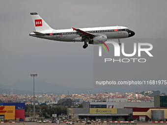 An Airbus A319-131 from British Airways, in BEA Retro Livery, lands at Barcelona airport in Barcelona, Spain, on October 15, 2024. (