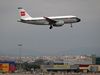 An Airbus A319-131 from British Airways, in BEA Retro Livery, lands at Barcelona airport in Barcelona, Spain, on October 15, 2024. (