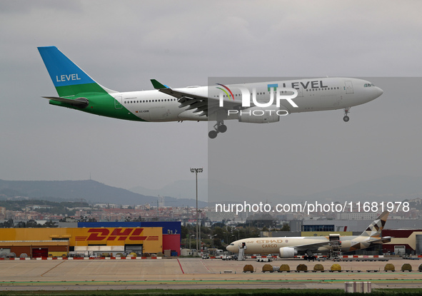 An Airbus A330-243 from LEVEL lands at Barcelona airport in Barcelona, Spain, on October 15, 2024. 