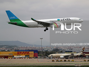 An Airbus A330-243 from LEVEL lands at Barcelona airport in Barcelona, Spain, on October 15, 2024. (