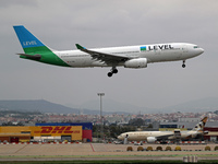 An Airbus A330-243 from LEVEL lands at Barcelona airport in Barcelona, Spain, on October 15, 2024. (