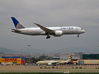 A Boeing 787-8 Dreamliner from United Airlines lands at Barcelona airport in Barcelona, Spain, on October 15, 2024. (