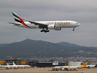 A Boeing 777-21H(LR) from Emirates lands at Barcelona airport in Barcelona, Spain, on October 15, 2024. (