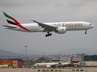 A Boeing 777-21H(LR) from Emirates lands at Barcelona airport in Barcelona, Spain, on October 15, 2024. (