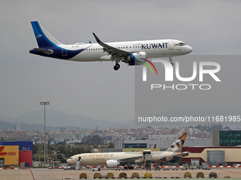 An Airbus A320-251N from Kuwait Airways lands at Barcelona airport in Barcelona, Spain, on October 15, 2024. (