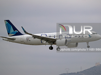 An Airbus A320-251N from Azores Airlines (Pure Livery) lands at Barcelona airport in Barcelona, Spain, on October 15, 2024. (