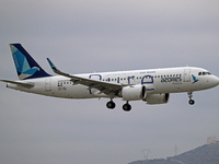 An Airbus A320-251N from Azores Airlines (Pure Livery) lands at Barcelona airport in Barcelona, Spain, on October 15, 2024. (