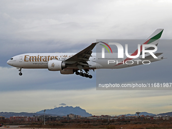 A Boeing 777-21H(LR) from Emirates lands at Barcelona airport in Barcelona, Spain, on January 3, 2024. (