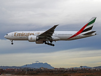 A Boeing 777-21H(LR) from Emirates lands at Barcelona airport in Barcelona, Spain, on January 3, 2024. (