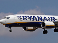 A Boeing 737 MAX 8-200 from Ryanair lands at Barcelona airport in Barcelona, Spain, on August 30, 2024. (