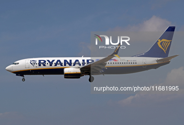 A Boeing 737-8AS from Ryanair lands at Barcelona airport in Barcelona, Spain, on August 30, 2024. 