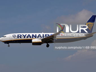 A Boeing 737-8AS from Ryanair lands at Barcelona airport in Barcelona, Spain, on August 30, 2024. (