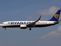 A Boeing 737-8AS from Ryanair lands at Barcelona airport in Barcelona, Spain, on August 30, 2024. (