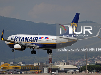 A Boeing 737-8AS from Ryanair lands at Barcelona airport in Barcelona, Spain, on August 30, 2024. (