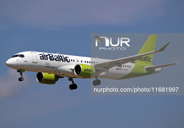 An Airbus A220-300 from Air Baltic, featuring the 100th A220 sticker, lands at Barcelona airport in Barcelona, Spain, on August 30, 2024. 