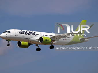 An Airbus A220-300 from Air Baltic, featuring the 100th A220 sticker, lands at Barcelona airport in Barcelona, Spain, on August 30, 2024. (