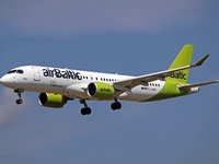 An Airbus A220-300 from Air Baltic, featuring the 100th A220 sticker, lands at Barcelona airport in Barcelona, Spain, on August 30, 2024. (