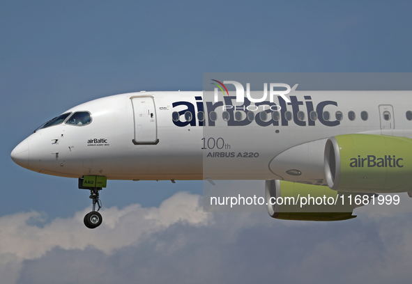 An Airbus A220-300 from Air Baltic, featuring the 100th A220 sticker, lands at Barcelona airport in Barcelona, Spain, on August 30, 2024. 