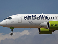 An Airbus A220-300 from Air Baltic, featuring the 100th A220 sticker, lands at Barcelona airport in Barcelona, Spain, on August 30, 2024. (