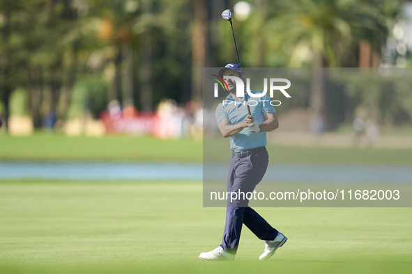 Fabrizio Zanotti of Paraguay plays his second shot on the 14th hole on the third day of the Estrella Damm N.A. Andalucia Masters 2024 at Rea...