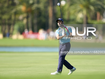 Fabrizio Zanotti of Paraguay plays his second shot on the 14th hole on the third day of the Estrella Damm N.A. Andalucia Masters 2024 at Rea...