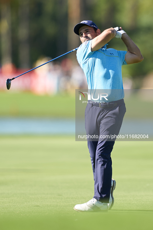 Fabrizio Zanotti of Paraguay plays his second shot on the 14th hole on the third day of the Estrella Damm N.A. Andalucia Masters 2024 at Rea...