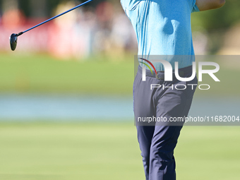 Fabrizio Zanotti of Paraguay plays his second shot on the 14th hole on the third day of the Estrella Damm N.A. Andalucia Masters 2024 at Rea...