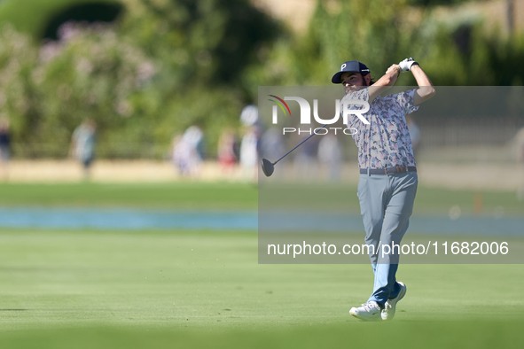 Angel Hidalgo of Spain plays his second shot on the 14th hole on the third day of the Estrella Damm N.A. Andalucia Masters 2024 at Real Club...