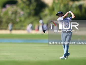 Angel Hidalgo of Spain plays his second shot on the 14th hole on the third day of the Estrella Damm N.A. Andalucia Masters 2024 at Real Club...