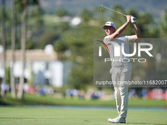 Niklas Norgaard of Denmark plays his second shot on the 14th hole on the third day of the Estrella Damm N.A. Andalucia Masters 2024 at Real...