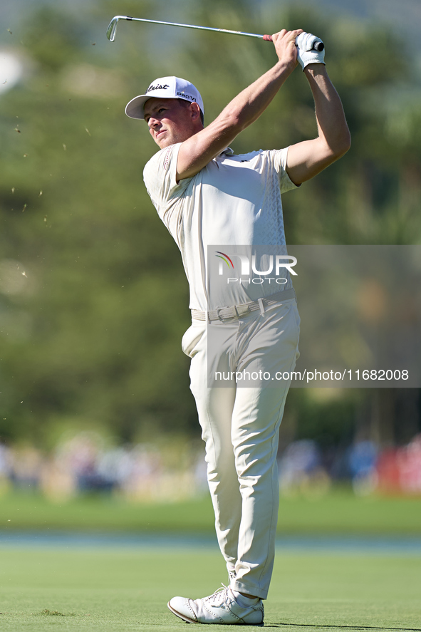 Niklas Norgaard of Denmark plays his second shot on the 14th hole on the third day of the Estrella Damm N.A. Andalucia Masters 2024 at Real...