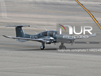 A Diamond DA62 from a private company prepares for takeoff on the runway at Barcelona Airport in Barcelona, Spain, on October 15, 2024. (