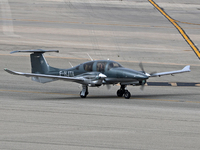 A Diamond DA62 from a private company prepares for takeoff on the runway at Barcelona Airport in Barcelona, Spain, on October 15, 2024. (