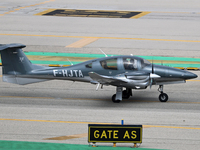 A Diamond DA62 from a private company prepares for takeoff on the runway at Barcelona Airport in Barcelona, Spain, on October 15, 2024. (