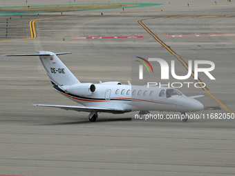 A Cessna 525B Citation CJ3 from Airlink company prepares for takeoff on the runway at Barcelona Airport in Barcelona, Spain, on October 15,...