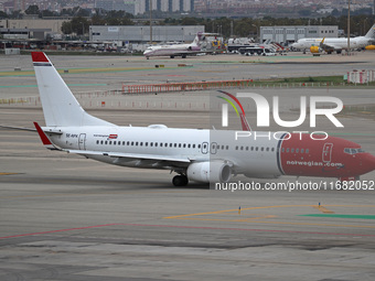 A Boeing 737-8JP from the Norwegian company prepares for takeoff on the runway at the airport in Barcelona, Spain, on October 15, 2024. (