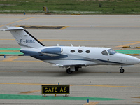 A Cessna 510 Citation Mustang from a private company prepares for takeoff on the runway at Barcelona Airport in Barcelona, Spain, on October...