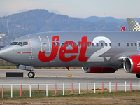 A Boeing 737-86N from Jet2 prepares for takeoff on the runway at Barcelona Airport in Barcelona, Spain, on January 11, 2024. (