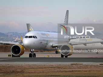 An Airbus A320-271N from Vueling (Asturias Paraiso Natural Sticker) prepares for takeoff on the Barcelona airport runway in Barcelona, Spain...