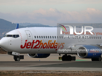 A Boeing 737-8MG from Jet2 prepares for takeoff on the runway at Barcelona Airport in Barcelona, Spain, on January 11, 2024. (