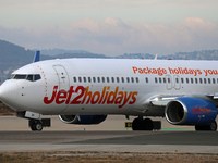 A Boeing 737-8MG from Jet2 prepares for takeoff on the runway at Barcelona Airport in Barcelona, Spain, on January 11, 2024. (